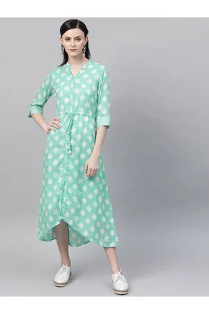 Rangriti Women Sea Green & White Leaf Print A-Line Dress