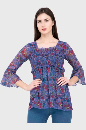 Popwings Women Blue Floral Print Chiffon Peplum Top