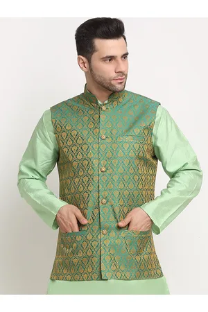 Kraft Men Green Jacquard Woven Design Nehru Jacket