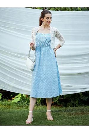 ATHENA Women Blue Floral Printed A-Line Midi Dress With Jacket