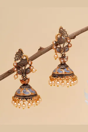 karatcart Grey & Gold-Plated Stone Studded Peacock Shape Classic Jhumkas Earrings