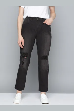 Mast & Harbour Women Charcoal Boyfriend Fit High-Rise Slash Knee Light Fade Stretchable Jeans