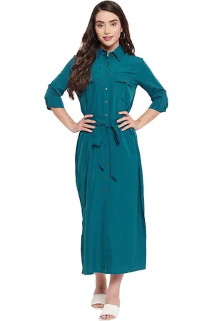 Color Cocktail Women Teal Crepe Shirt Maxi Dress