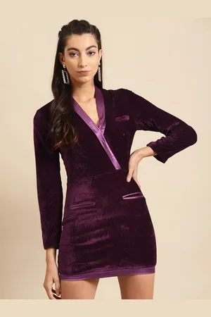 DODO & MOA Women Burgundy Solid Velvet Bodycon Mini Dress