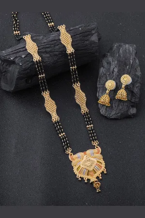 Brandsoon Gold-Plated Black Beaded Mangalsutra WIth Earrings