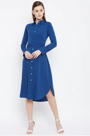 Berrylush Blue Layered Crepe Shirt Midi Dress