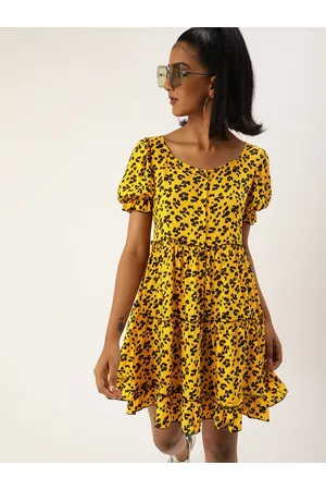 Antheaa Women Yellow Printed Fit and Flare Dress