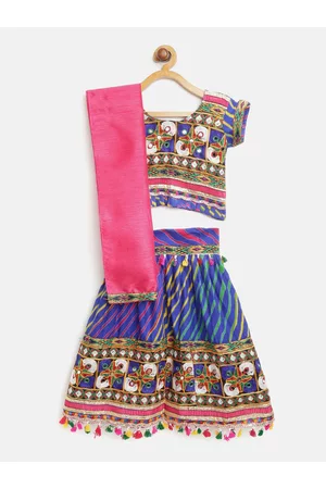 BownBee Girls Blue & Pink Embroidered Ready to Wear Lehenga & Blouse with Dupatta