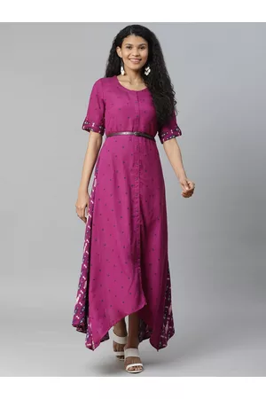 Rangriti Women Purple & Navy Blue Ikkat Printed Maxi Dress with Belt