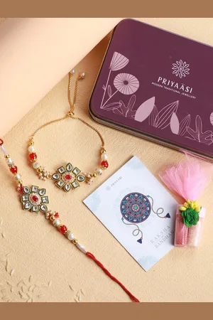 Priyaasi Pack Of 2 Stone Studded Floral Bhaiya Bhabhi Rakhi Set