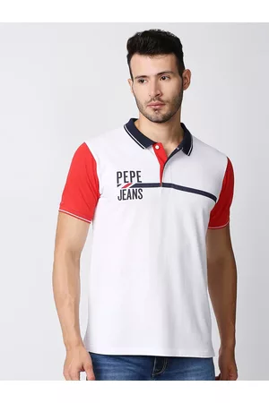 Pepe Jeans Men White & Red Colourblocked Polo Collar T-shirt
