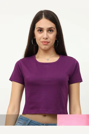 Fleximaa Women Pack of 2 Purple & Pink Crop Pure Cotton Top