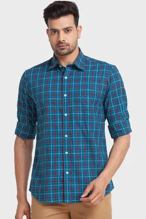 ColorPlus Men Blue Tailored Fit Tartan Checks Organic Cotton Casual Shirt