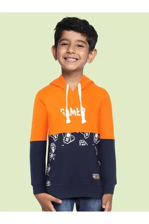 Killer Boys Orange & Navy Blue Printed Pure Cotton Hooded Sweatshirt