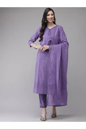 Ishin Women Lavender Regular Pure Cotton Kurta with Trousers & With Dupatta