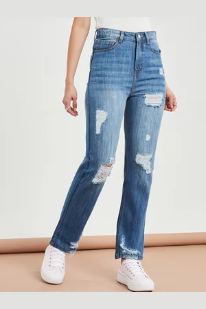 Styli Women Blue Distressed High Waist Straight Leg Jeans
