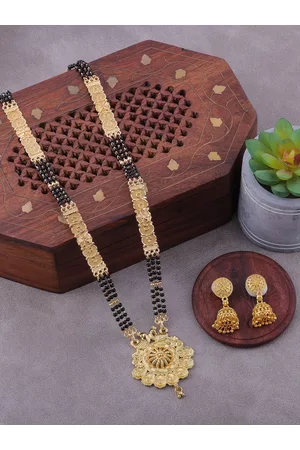 Brandsoon Gold-Plated Gold Beaded Mangalsutra With Earring