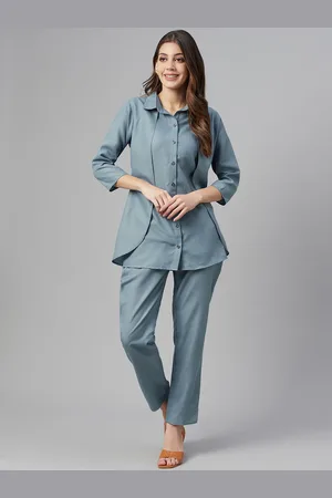 Cottinfab Women Blue Solid Shirt with Trousers