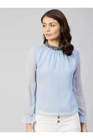 marie claire Women Blue Embellished Jewel Neck Chiffon Top