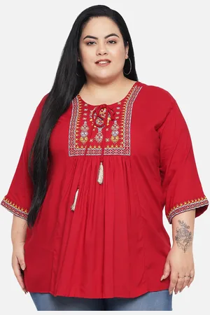 indietoga Women Plus Size Maroon Rayon Embroidered Regular Fit Top