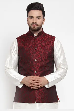 Jompers Men Maroon Floral Woven Design Jacquard Embellished Nehru Jacket