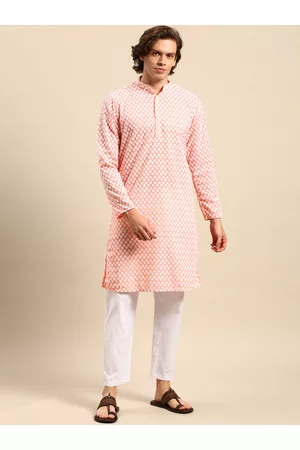 Anouk Men Peach-Coloured Ethnic Motifs Embroidered Pure Cotton Kurta with Pyjamas