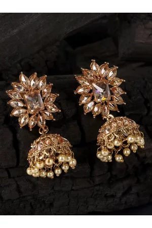 JEWELS GEHNA Gold-Plated Floral Artificial Stones Jhumkas Earrings