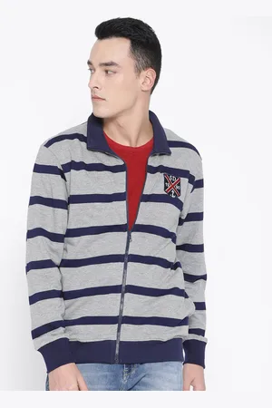 Duke Men Grey Melange & Navy Blue Striped Sweatshirt