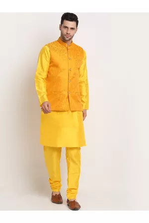 Kraft Men Yellow Ethnic Motifs Kurta with Churidar & Nehru Jacket