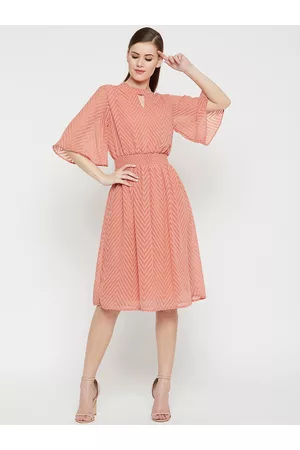 Carlton London Women Peach-Coloured Striped Drop-Waist Dress