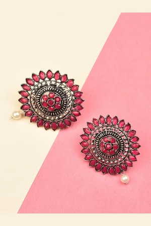 Indi INSIDE Silver-Toned & Pink Circular Drop Earrings