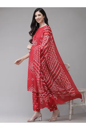 Ishin Women Red Bandhani Printed Kurta with Trousers & Dupatta
