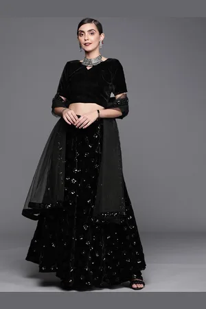 Mitera Women Black Embroidered Sequinned Unstitched Lehenga with Blouse & Dupatta
