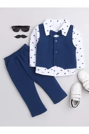 BUMZEE Boys Navy Blue & White Printed Shirt with Trousers