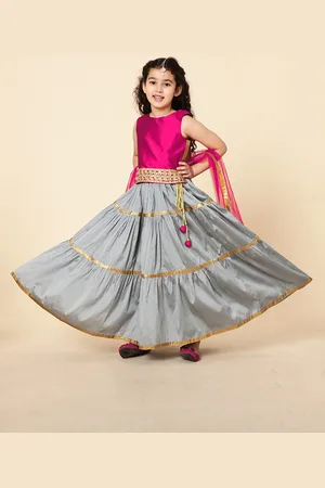 A.T.U.N. A T U N Girls Fuchsia & Grey Embroidered Ready to Wear Lehenga & Blouse With Dupatta Set