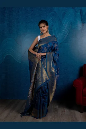 Beatitude Blue & Gold-Toned Floral Silk Blend Banarasi Saree