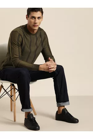 Invictus Men Olive Green & Black Striped Pullover
