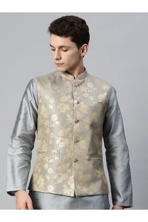 MANQ Men Woven Design Jaquard Silk Nehru Jacket