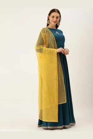 Ethnovog Women Teal Blue Yellow Embroidered Anarkali Kurta with Salwar Dupatta