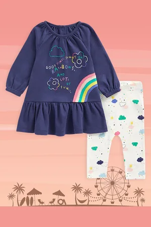 Mothercare Infant Girls Navy Blue & White Pure Cotton Dress With Leggings Set