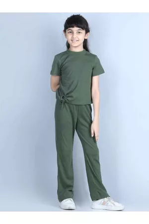 luyk Girls Olive Green Solid Ribbed Cotton Clothing Set