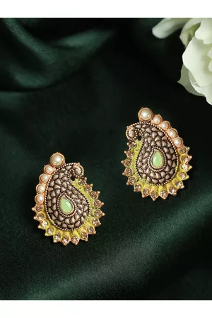 Priyaasi Gold-Plated Green Paisley Shaped Studs Earrings