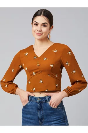 marie claire Women Brown & White Floral Georgette Fitted Crop Top
