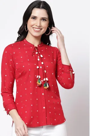 bellamia Women Red Custom Tailored Fit Printed Tie-Up Neck Casual Shirt
