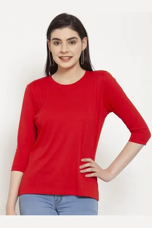 Friskers Women Red Solid Cotton T-shirt