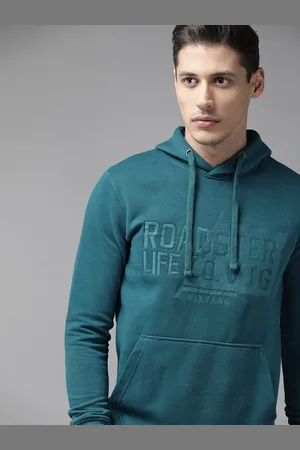 Roadster Men Teal Blue Brand Logo Embroidered Hooded Sweatshirt
