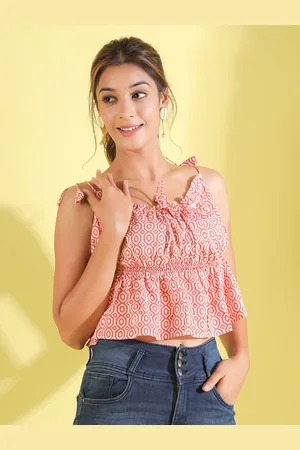 JISORA Women Orange & White Geometric Print Crop Top