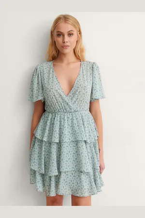 NA-KD Blue Floral Print V-Neck Wrap Tiered Dress