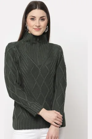 Club York Women Olive Green Cable Knit Pullover