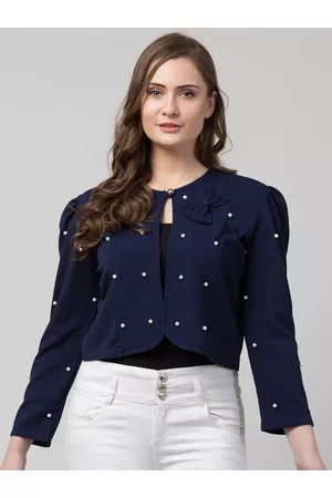 IUGA Women Blue & White Embellished Crop Button Shrug